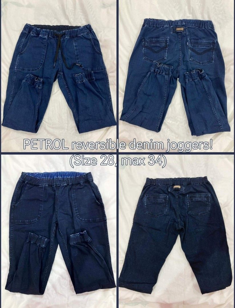 Reversible Petrol soft denim joggers pants (Category: Joggers) located in Taguig. Submitted by cluttered.mind (Listing ID 1309251524, Image 1). Description: PETROL brand reversible denim joggers! - size 28,max 34 (band is garterized) 👖590 nalang.