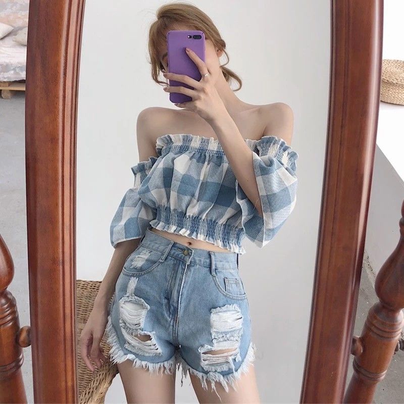 Sexy Plaid Off Shoulder Crop Top Women s Fashion Tops Blouses on Carousell