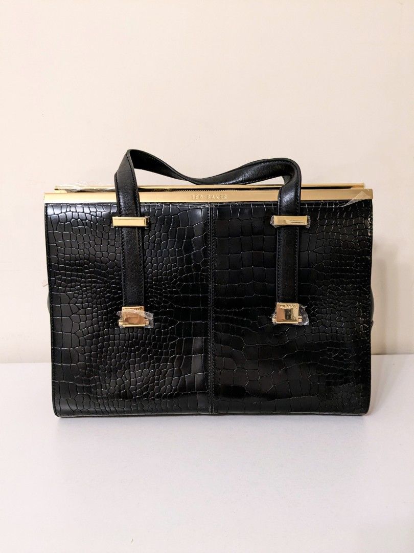 🇬🇧 Ted Baker Llana Croc Metal Bar Top Black Leather Tote Bag, 女