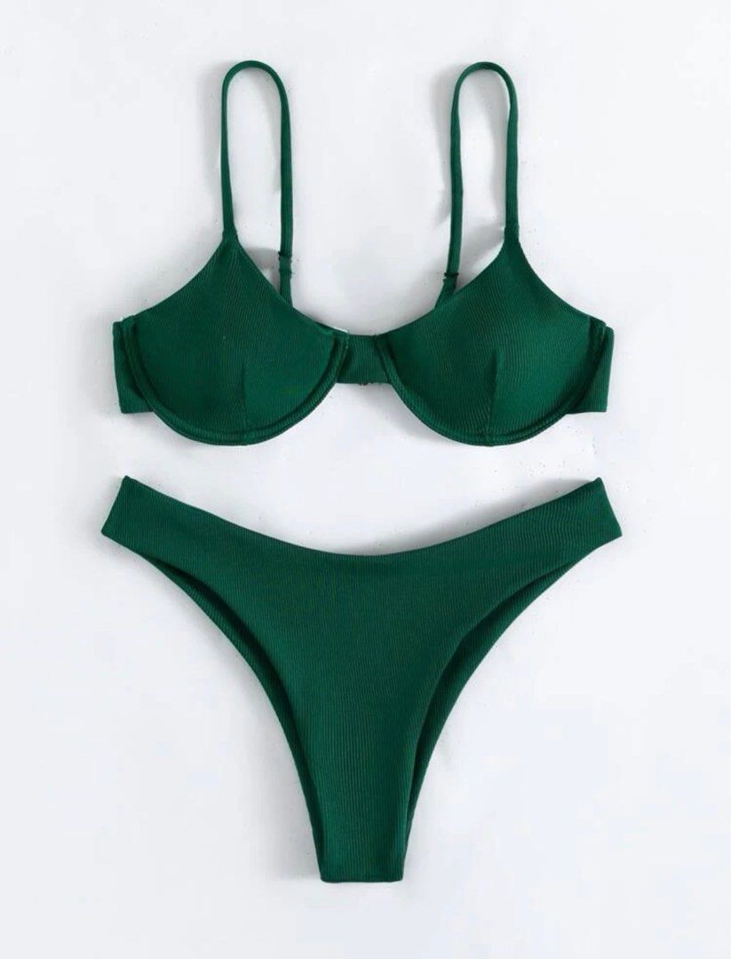 Underwire Bikini Swimsuit (Category: Bikinis & Swimsuits) located in Rizal. Submitted by beaa23 (Listing ID 1307483287, Image 2). Description: Rfs: Bottoms too cheeky for me *Item is not used Ribbed design Dark green Moss green Underwire bra Two piece Swimwear Swimsuit Aesthetic .