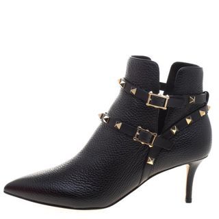Valentino Black Pebbled Leather Rockstud Pointed-Toe Ankle Boots Size