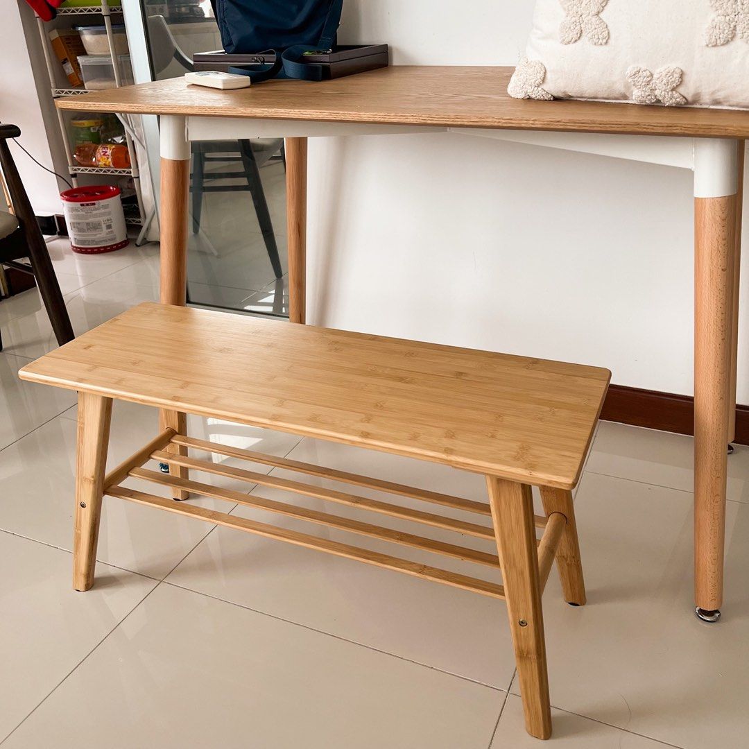 Wooden Bench seat with shelf shelves storage underneath. Width 80cm depth 30cm height 40.5cm. Like new. Table not for sale