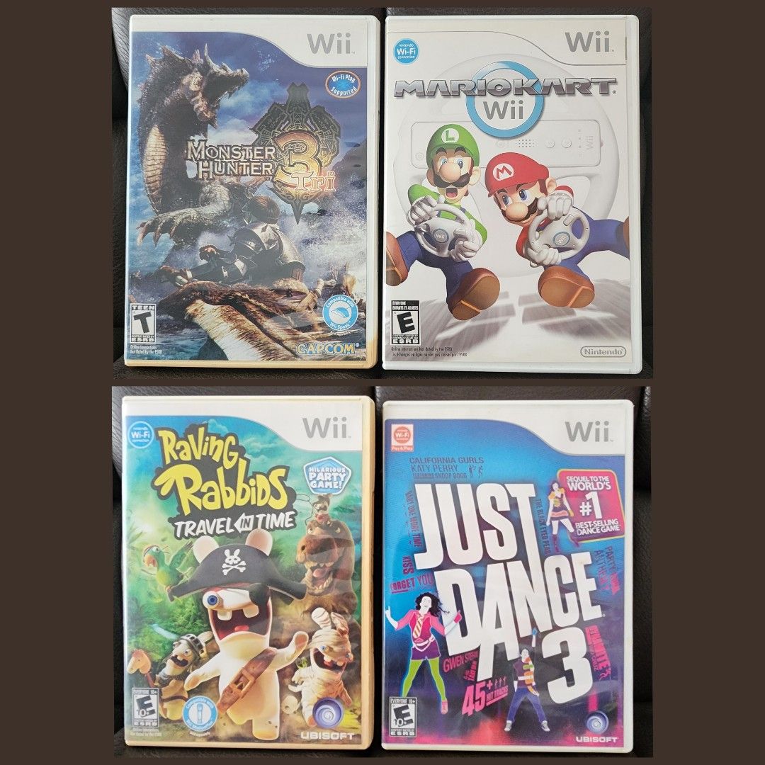 4 Wii Games (Monster Hunter 3 Tri, Mariokart Wii, Raving Rabbids Travel in  Time and Just Dance 3) Nintendo Wii, Video Gaming, Video Games, Nintendo on  Carousell