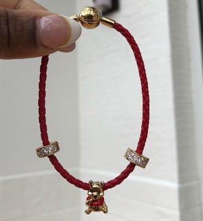 - PANDORA Red Leather Bracelet with Pooh Disney and Clip.Pave Charm Set-