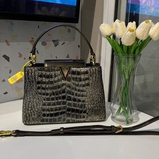Brand New Weagichn Capucine Handbag with Sling Strap in Brown Black Silver Gold Python Snake Skin Patent Leather Gold Hardware