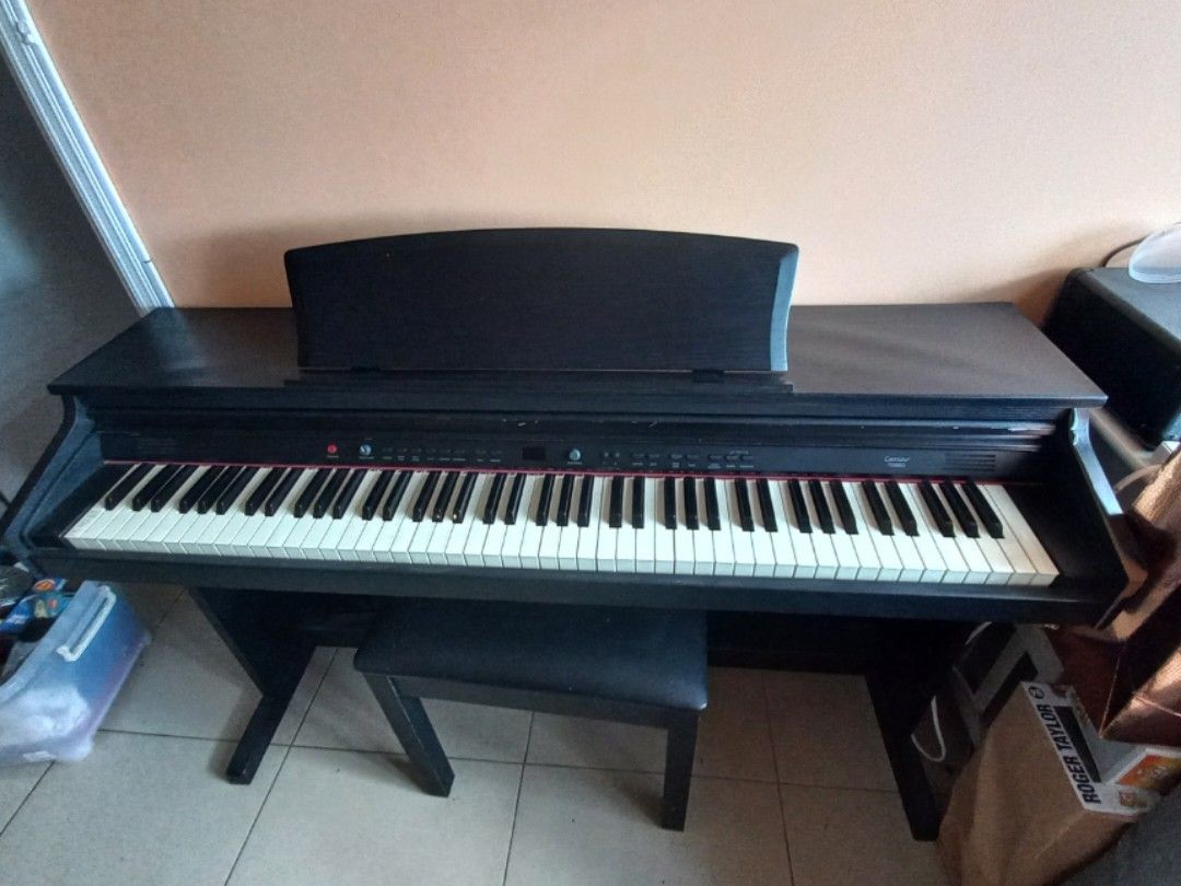 Caviar piano TG8852 (Category: Musical Instruments) located in Pasay City. Submitted by movingout_lowprices (Listing ID 1309367388, Image 2). Description: humidity damage, vinyl is peeling from frame, minor scratches. Semi weighted keys. Sound has no issues, can plug in headphones. piano bench included. price negotiable..