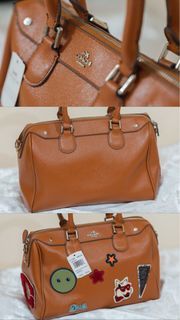 AUTHENTIC COACH MINI BENNETT SATCHEL IN CROSSGRAIN LEATHER WITH VARSITY PATCHES AND WEBBED STRAP