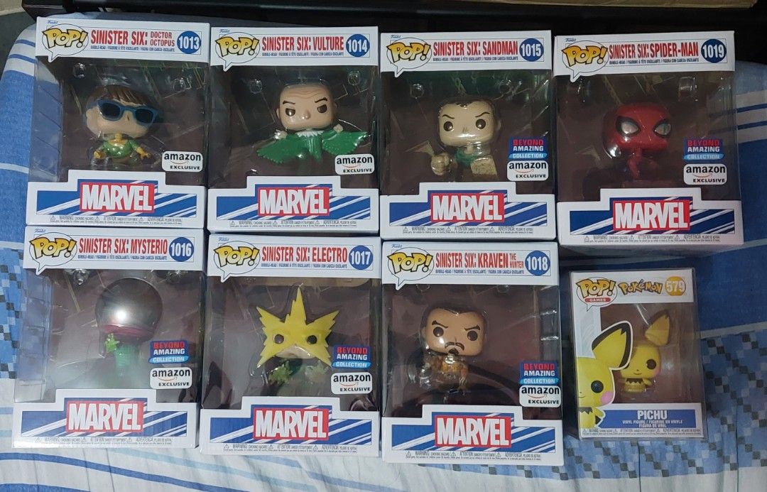 Funko Pop Sinister Six plus SpiderMan 7 pc set (Category: Designer & Blind Box Toys) located in Marilao. Submitted by BlueMonkey (Listing ID 1306008996, Image 1). Description: P4,000.00 7 pc set Funko Pop Sinister Six Plus SpiderMan 7 pc set Spiderman's backing board has a tear. Pichu not included (for size comparison only) Location: Brgy. Lias, Marilao, Bulacan Pickup: St. Michael Subd., Lias, Marilao, Bulacan.