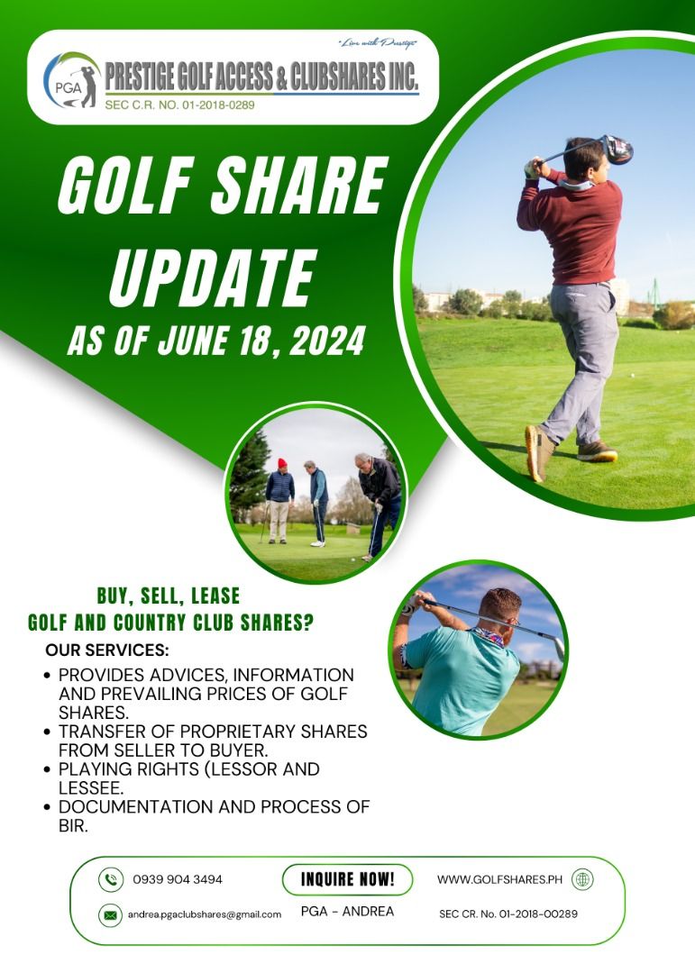 GOLF SHARES MEMNERSHIP - PGA (Category: Golf) located in Muntinlupa City. Submitted by andrea.pgaclubshares (Listing ID 1309370249, Image 1). Description: Good day! This is Andrea from PGA Clubshares. We have buyers: ACC A/B* 16M/17M* Anvaya Beach 1.5M Anvaya Golf 3.5M BCC 6.5M Calatagan 650K Canlubang 7M Eagle A 600K Eastridge A 900K Forest A 1M Malarayat A 1.2M Southwoods A/ B* 5.5M/6M Mla Golf Ind 160M Polo 54M Orchard A 2.4M Palms 2M Riviera 