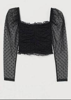 H&M Black Chiffon Mesh Sheer Polka Dots Long Sleeves Cropped Top | Y2K Coquette Party
