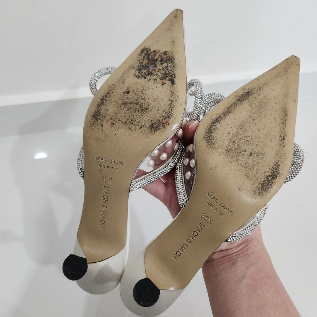 Mach Mach Double Bow Crystal PVC Heels, Women's Fashion