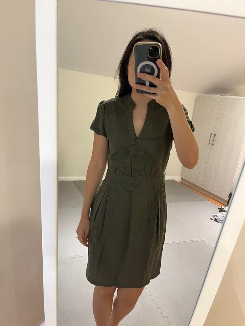 Mango Navy Green Linen safari look mini dress Women s Fashion Dresses Sets Dresses on Carousell