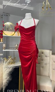 MEDIUM RUBY RED VELVET LONG MAXI GOWN WITH SLIT CLASSY ELEGANT STYLE FOR GRADUATION CORPORATE EVENTS AWARDS NIGHT BIRTHDAY ATTIRE NIGHT OUTS DATE NIGHTS