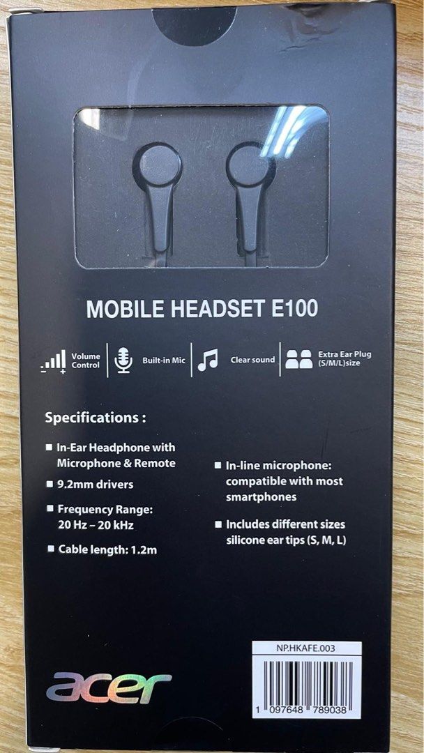 Mobile headset E100 （分類：頭戴式/罩耳式耳機）位於 Hong Kong。 由 carlo050 提交（商品編號 1309528082，圖片 2）。簡介： ACER 全新耳機，從未開封 。
