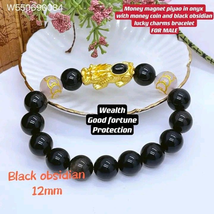 Money magnet piyao onyx with money coin with obsidian bracelet