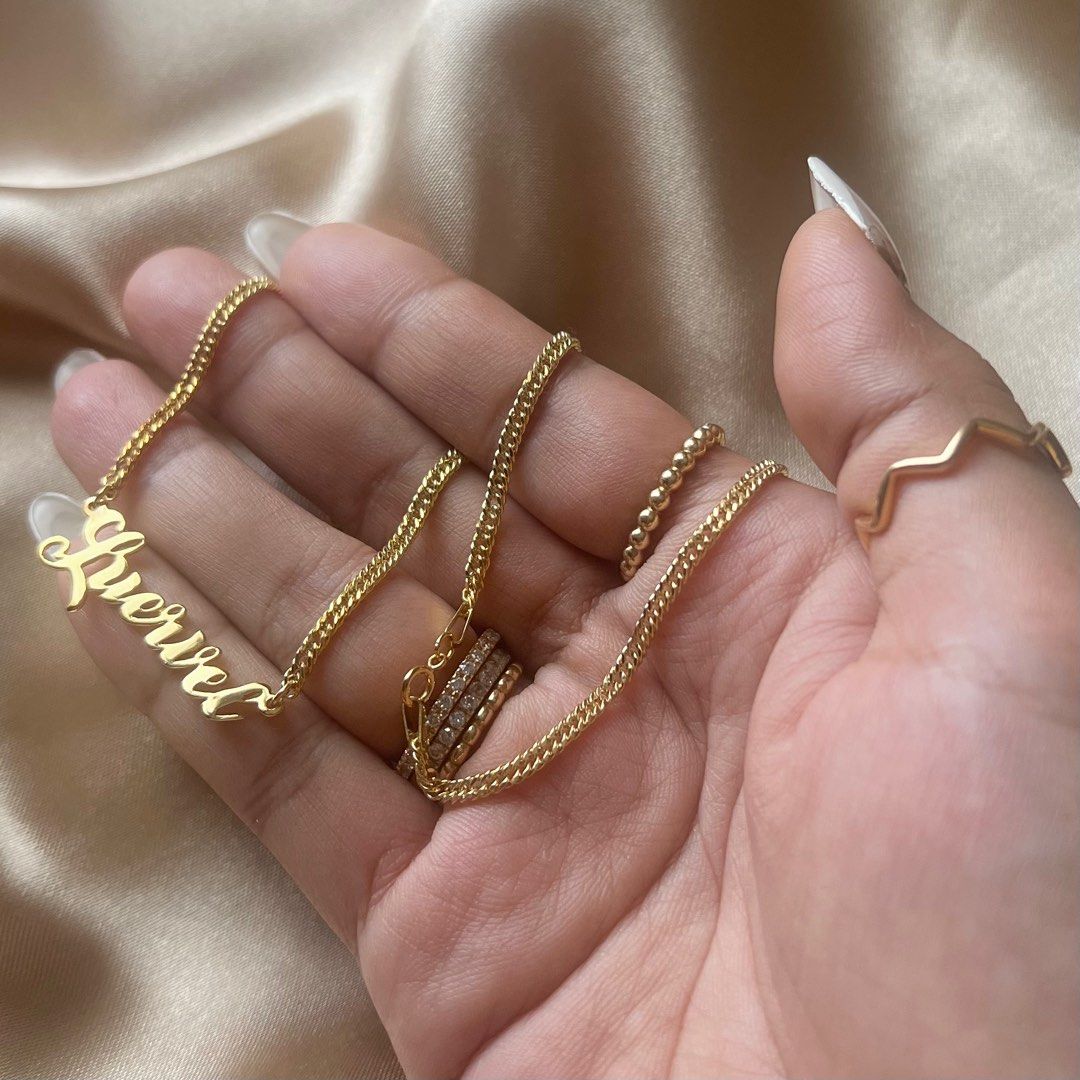 Name Necklace in 18k Gold (Category: Necklaces) located in Taguig. Submitted by 3ftygoldjbz (Listing ID 1309499680, Image 2). Description: You can choose any chains of ur choice. Length can be from 16-20”.