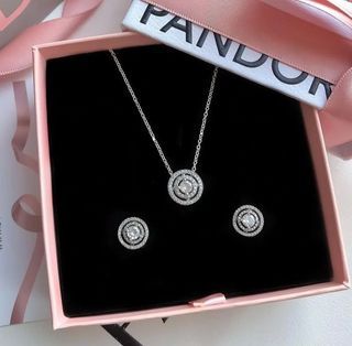 Pandora double halo Necklace w/  stud earring