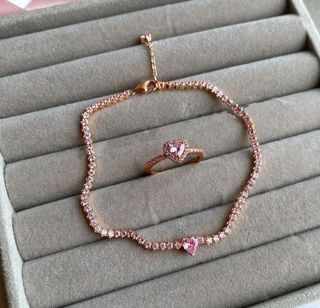 Pandora pink sparkling tennis heart bracelet & elevated pink rose gold ring 💍🌹