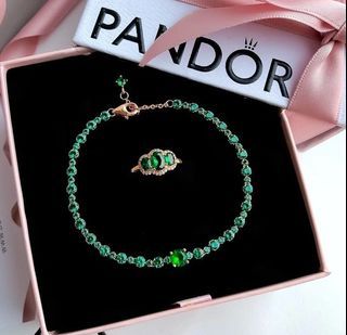 Pandora rose gold green tennis bracelet with three stone vintage ring