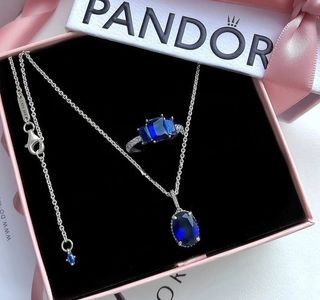 Pandora sparkling halo statement necklace & triple stone blue ring
