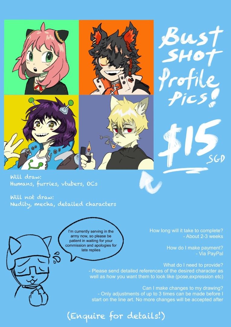 PFP commissions (Category: Art & Prints) located in Singapore. Submitted by pigeonboy (Listing ID 1309410708, Image 1). Description: Listing my art commissions here! Feel free to ask any questions if in doubt!.