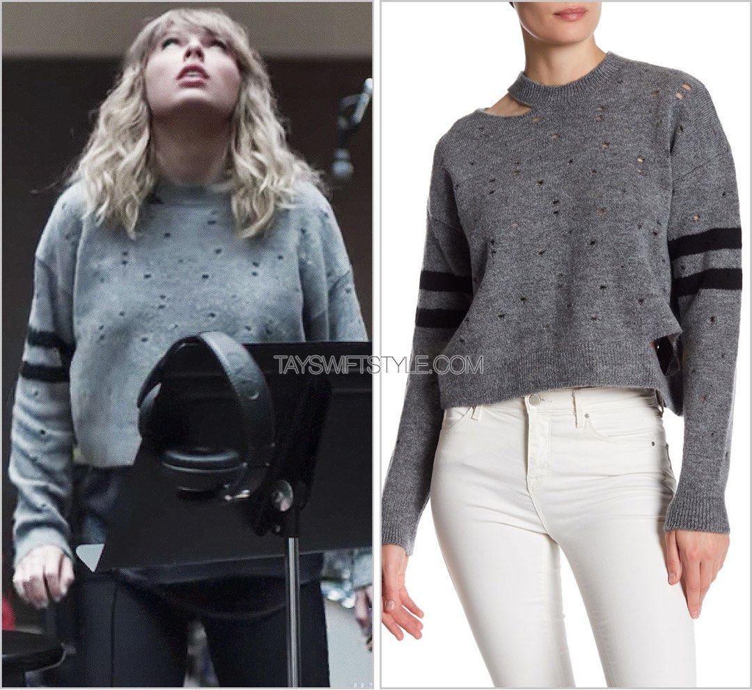 RARE Taylor Swift Topshop Distressed Striped Sleeves Sweater in Charcoal