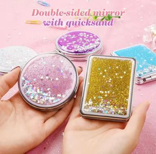 Shiny Quicksand Makeup Mirror Portable Magnifying Hand Square / Round Makeup Standing Vanity Foldable Pocket Mirror Cute Compact Girls
