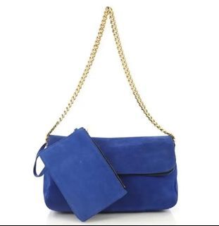 Vintage! Celine Paris Royal Blue Dumpling Baguette Suede Leather Shoulder Chain Bag with Pouch