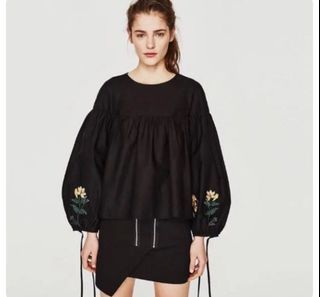Zara Poplin floral embroidered long sleeve top