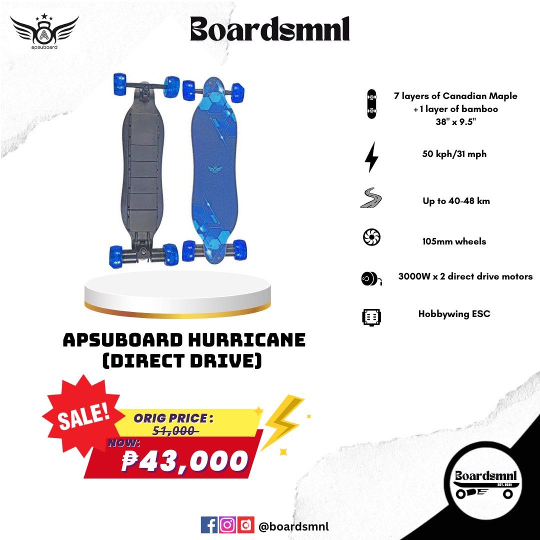 Apsuboard ⚡️ (Category: Skates, Rollerblades & Scooters) located in Pasig City. Submitted by boardsmnl (Listing ID 1309690335, Image 3). Description: 𝘼𝙋𝙎𝙐𝘽𝙊𝘼𝙍𝘿 — Rethink how you get there. Apsuboard is on a mission to make cities feel smaller, campuses more accessible, and commutes more enjoyable. Their boards are designed and built to handle the rigors of daily use while offering an exhilarating ride with unparalleled power and control.