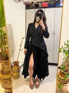 Black Formal Collar Pleated Skirt Maxi Dress