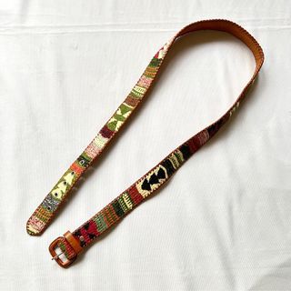 Boho Western Women's Multicolor Tapestry Knit Leather Trim Belt Brown