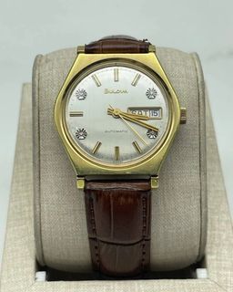 Bulova Silver Diamond Dial Gold Plated Leather Strap