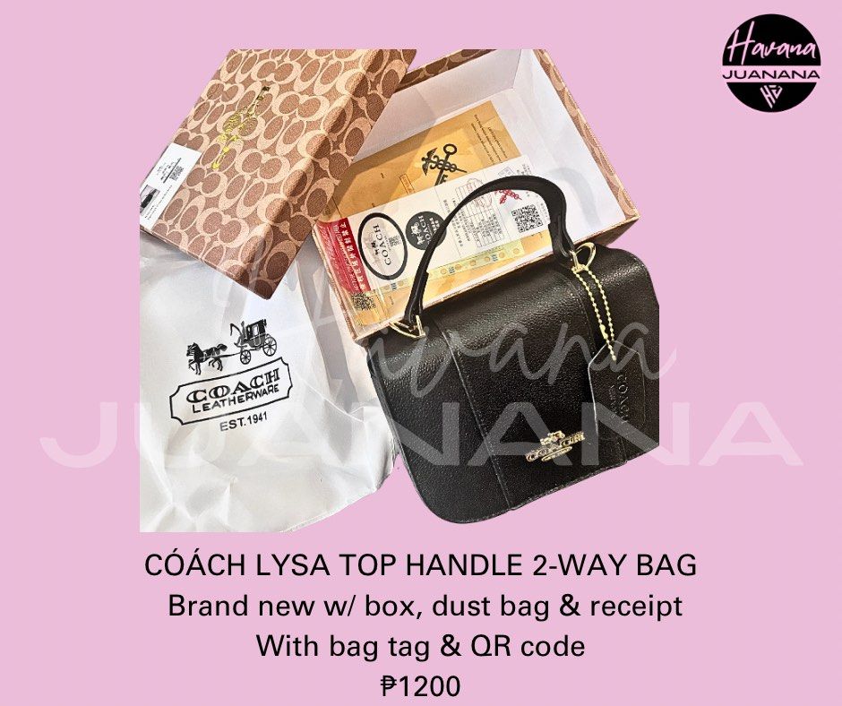CÓÁCH LYSA TOP HANDLE 2-WAY BAG (Category: Cross-body Bags) located in Pasig City. Submitted by wangderfulworld (Listing ID 1309701662, Image 1). Description: CÓÁCH LYSA TOP HANDLE 2-WAY BAG Brand new w/ box, dust bag & receipt With bag tag & QR code ₽1200 𝘗𝘈𝘠𝘔𝘌𝘕𝘛 𝘍𝘐𝘙𝘚𝘛 + 𝘚𝘍 𝘕𝘰 𝘤𝘢𝘯𝘤𝘦𝘭𝘭𝘢𝘵𝘪𝘰𝘯. 𝘕𝘰 𝘳𝘶𝘴𝘩 𝘴𝘩𝘪𝘱𝘱𝘪𝘯𝘨. 𝘕𝘰 𝘭𝘢𝘴𝘵 𝘱𝘳𝘪𝘤𝘦. 📍 𝘓𝘖𝘊: 𝘚𝘢𝘯 𝘔𝘪𝘨𝘶𝘦𝘭, 𝘗𝘢𝘴𝘪𝘨 💰 𝘔𝘖𝘗: 𝘎𝘤á𝘴𝘩, 𝘉𝘗Í,