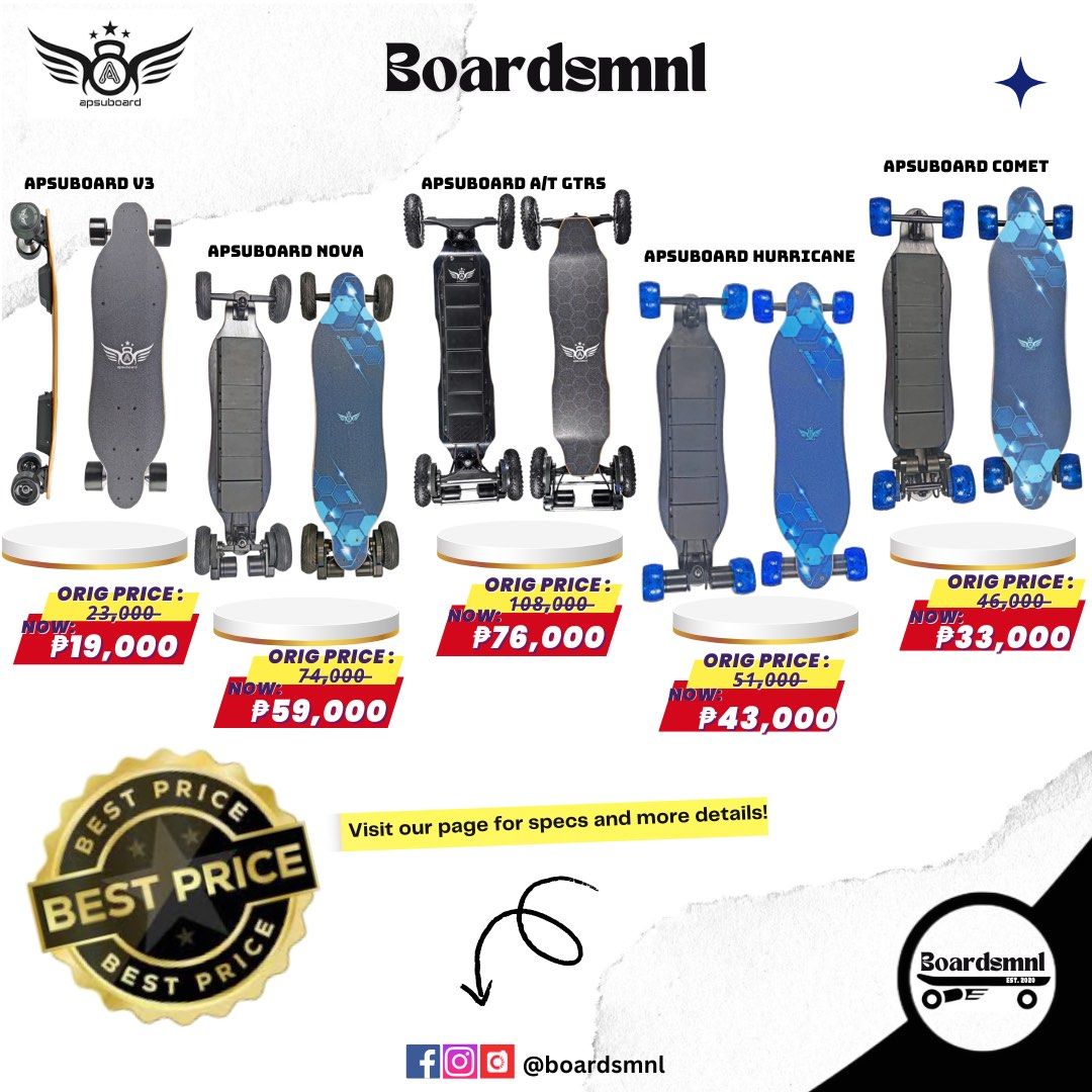 Electric Skateboards 🛹 (Category: Skates, Rollerblades & Scooters) located in Pasig City. Submitted by boardsmnl (Listing ID 1309686866, Image 1). Description: 𝟱𝟬% 𝐃𝐎𝐖𝐍𝐏𝐀𝐘𝐌𝐄𝐍𝐓 𝐎𝐍𝐋𝐘 𝐓𝐎 𝐏𝐋𝐀𝐂𝐄 𝐀𝐍 𝐎𝐑𝐃𝐄𝐑! 📣 𝐕𝐄𝐑𝐑𝐄𝐀𝐋 • 𝐓𝐘𝐍𝐄𝐄 • 𝐀𝐂𝐄𝐃𝐄𝐂𝐊 • 𝐌𝐀𝐗𝐅𝐈𝐍𝐃 • 𝐀𝐏𝐒𝐔𝐁𝐎𝐀𝐑𝐃 • 𝐎𝐌𝐖 • 𝐄𝐋𝐄𝐂𝐓𝐑𝐈𝐂 𝐒𝐊𝐀𝐓𝐄𝐁𝐎𝐀𝐑𝐃𝐒 Electric Skateboard Shop since 2020 that is the cheapest in the market yet has th