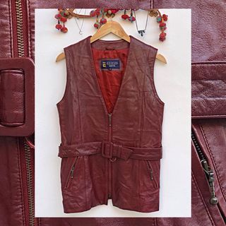 Eunos Vintage Zip Up Maroon Genuine Leather with Belt Vest Sleeveless Jacket Top