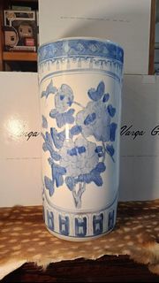 Floral blue ceramic vase/umbrella, cane stand