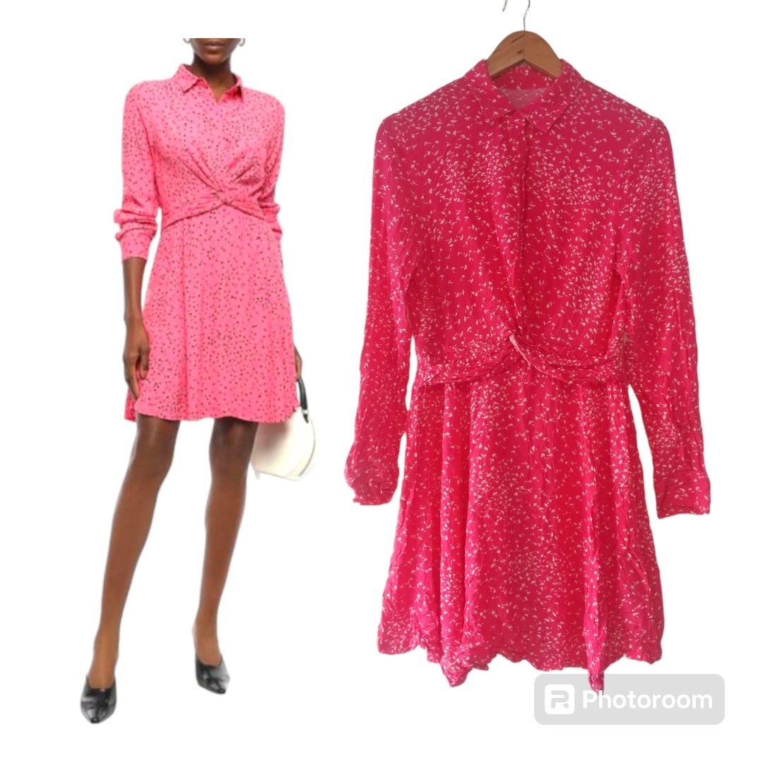 GANNI Pink Twist Front Floral Print Crepe Shirt Dress Luxury Apparel on Carousell