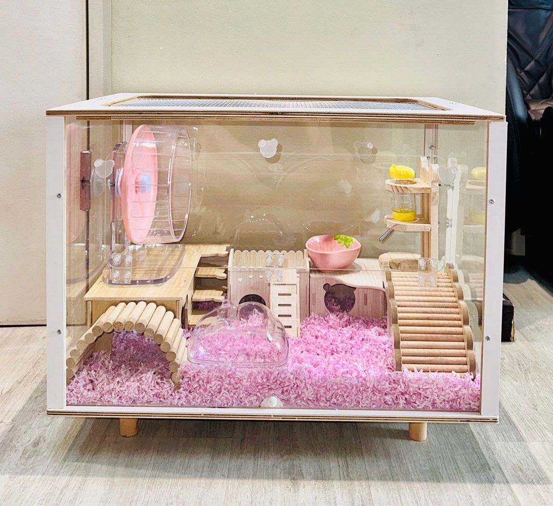 Hamster Acrylic Cage 60cm 80cm for Syrian dwarf other small animals hideout house running wheel water bottle holder ladders divider platform playground wooden accessories sand box bathroom bedding foo...