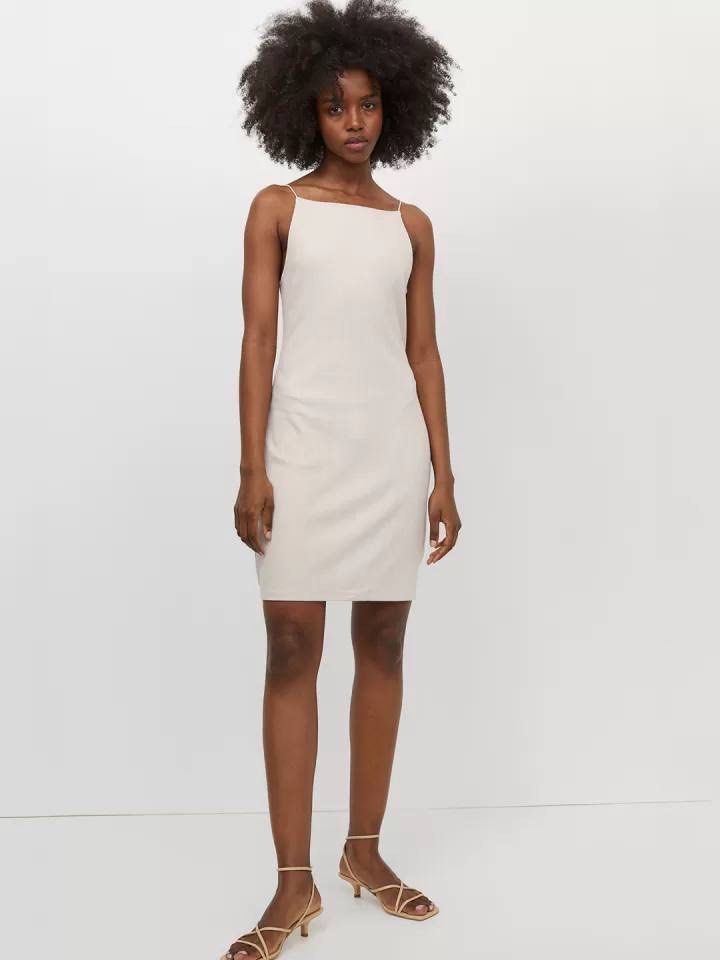 H M Beige Ribbed Spaghetti Strap Dress Women s Fashion Dresses Sets Dresses on Carousell