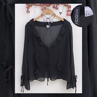 H&M Divided Sheer Chiffon Ruffle Frill Bow Ribbon Self Tie Goth Coquette Mesh Cover Up Cardigan Longsleeve Top
