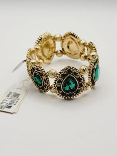 Macy's NY Gold Tone & Green Rhinestone Stretch Bracelet