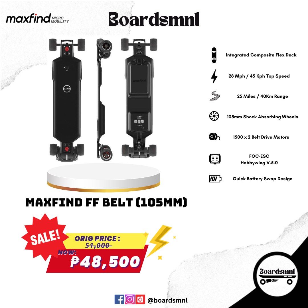 Maxfind Boards ⚡️ (Category: Skates, Rollerblades & Scooters) located in Pasig City. Submitted by boardsmnl (Listing ID 1309688873, Image 3). Description: 𝙈𝘼𝙓𝙁𝙄𝙉𝘿 — Focuses on innovating short-distance riding products in the field of personal micro-mobility with the mission of "Making commuting easy and fun". They are committed to building a world-famous brand to provide safe, reliable, convenient, and fun travel experiences and lifestyles
