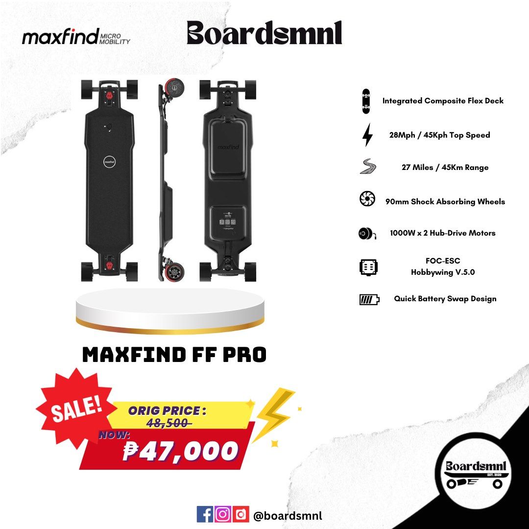 Maxfind Boards ⚡️ (Category: Skates, Rollerblades & Scooters) located in Pasig City. Submitted by boardsmnl (Listing ID 1309688873, Image 2). Description: 𝙈𝘼𝙓𝙁𝙄𝙉𝘿 — Focuses on innovating short-distance riding products in the field of personal micro-mobility with the mission of "Making commuting easy and fun". They are committed to building a world-famous brand to provide safe, reliable, convenient, and fun travel experiences and lifestyles