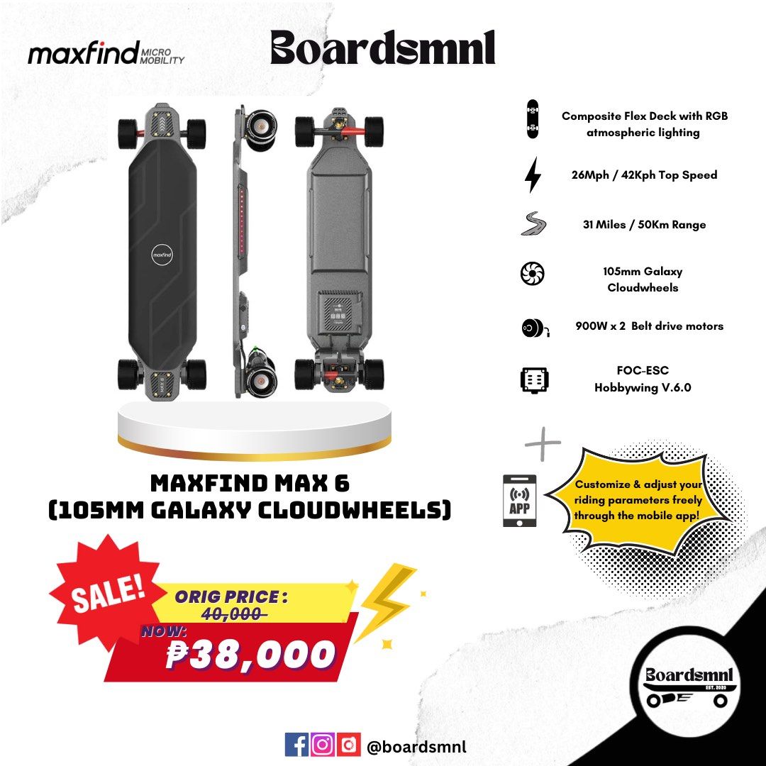 Maxfind Boards ⚡️ (Category: Skates, Rollerblades & Scooters) located in Pasig City. Submitted by boardsmnl (Listing ID 1309688873, Image 1). Description: 𝙈𝘼𝙓𝙁𝙄𝙉𝘿 — Focuses on innovating short-distance riding products in the field of personal micro-mobility with the mission of "Making commuting easy and fun". They are committed to building a world-famous brand to provide safe, reliable, convenient, and fun travel experiences and lifestyles