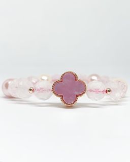 Natural Faceted Mozambique Rose Quartz with Pink Shell and Rose Gold Mother of Pearl Four Leaf Clover •