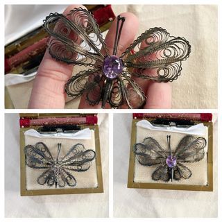 Old Silver Filigree Butterfly With Amethyst