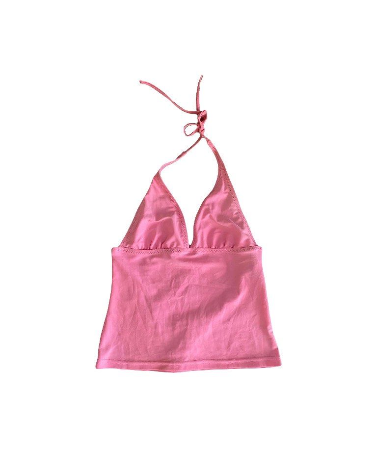 Pink halter top (Category: Sleeveless) located in Angeles City. Submitted by sandycheeksss (Listing ID 1309547955, Image 1). Description: Spandex S-m.