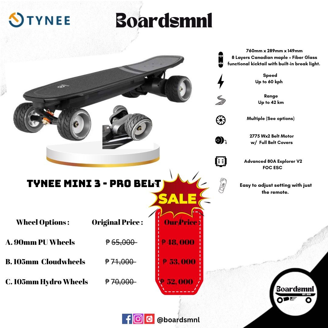 Tynee Boards ⚡️ (Category: Skates, Rollerblades & Scooters) located in Pasig City. Submitted by boardsmnl (Listing ID 1309687484, Image 3). Description: 𝙏𝙔𝙉𝙀𝙀 — Built by engineers, Tynee is a dedicated electric skateboard company that focuses on providing users with good products, good services and good prices. Check each photos for specs and details ⚡️ 𝟱𝟬% 𝗗𝗼𝘄𝗻𝗽𝗮𝘆𝗺𝗲𝗻𝘁 𝗼𝗻𝗹𝘆 𝘁𝗼 𝗽𝗹𝗮𝗰𝗲 𝗮𝗻 𝗼𝗿𝗱𝗲𝗿, remaining balance 