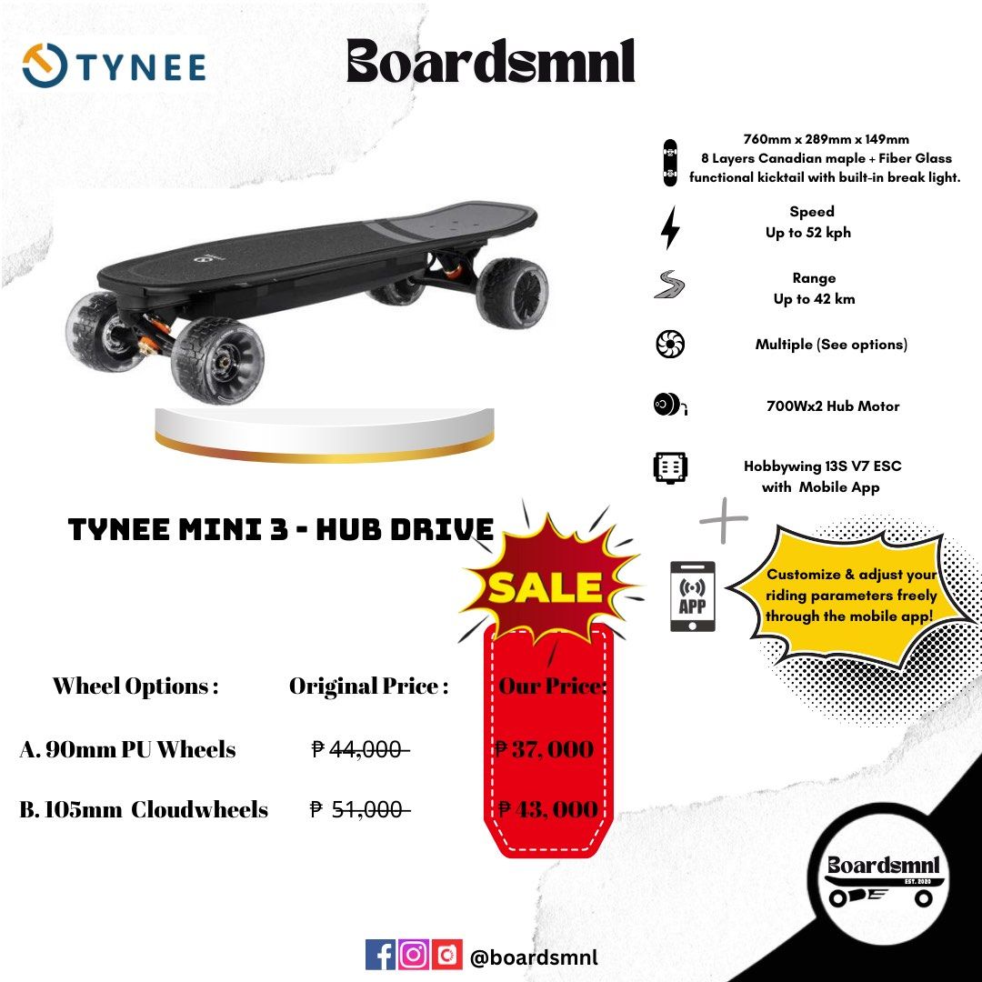 Tynee Boards ⚡️ (Category: Skates, Rollerblades & Scooters) located in Pasig City. Submitted by boardsmnl (Listing ID 1309687484, Image 1). Description: 𝙏𝙔𝙉𝙀𝙀 — Built by engineers, Tynee is a dedicated electric skateboard company that focuses on providing users with good products, good services and good prices. Check each photos for specs and details ⚡️ 𝟱𝟬% 𝗗𝗼𝘄𝗻𝗽𝗮𝘆𝗺𝗲𝗻𝘁 𝗼𝗻𝗹𝘆 𝘁𝗼 𝗽𝗹𝗮𝗰𝗲 𝗮𝗻 𝗼𝗿𝗱𝗲𝗿, remaining balance 